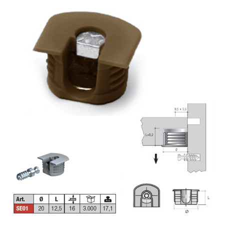 Эксцентрик межстенный SE01, D20, коричнеывый (вертик./горизонт. монтаж)